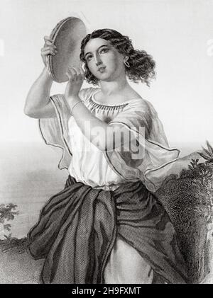 Miriam oder Maria war eine Prophetin und Sängerin Israels, Tochter von Amram und Yochebed, ältere Schwester von Aaron und Moses. Alte, gravierte Illustration aus dem 19th. Jahrhundert von Mugeres de la Biblia von Joaquin Roca y Cornet 1862 Stockfoto