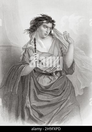 Die Hexe von Endor ist eine Figur aus der Bibel, dem Ersten Buch Samuel. Alte, gravierte Illustration aus dem 19th. Jahrhundert von Mugeres de la Biblia von Joaquin Roca y Cornet 1862 Stockfoto