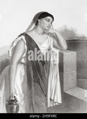 Die Samaritische Frau. Alte, gravierte Illustration aus dem 19th. Jahrhundert von Mugeres de la Biblia von Joaquin Roca y Cornet 1862 Stockfoto