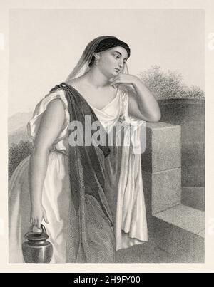 Die Samaritische Frau. Alte, gravierte Illustration aus dem 19th. Jahrhundert von Mugeres de la Biblia von Joaquin Roca y Cornet 1862 Stockfoto