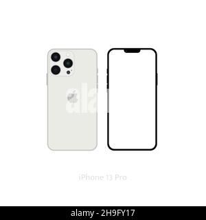 Realistisches weißes iPhone 13 Pro Mockup, Smartphone weißer Bildschirm, iPhone Stockfoto