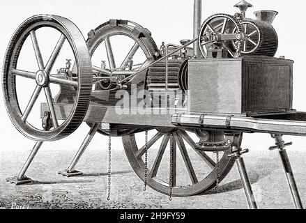 Neuer Landwirtschaftsmotor von Étienne Lenoir (1822-1900), belgischer Erfinder, der den ersten kommerziell erfolgreichen Verbrennungsmotor entwickelte. Alte, gravierte Illustration aus dem 19th. Jahrhundert von La Nature 1885 Stockfoto