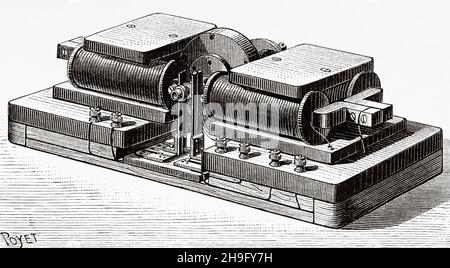 Der erste selbstaufgeregte Dynamo. Machine von Samuel Alfred Varley (1832–1921) englischer Elektroingenieur, 1866. Alte, gravierte Illustration aus dem 19th. Jahrhundert von La Nature 1885 Stockfoto