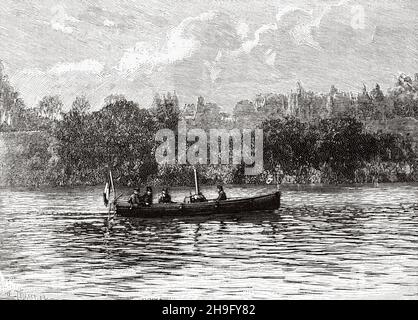 Die Microbe, ein kleines Vergnügungsdampfboot. Alte, gravierte Illustration aus dem 19th. Jahrhundert von La Nature 1885 Stockfoto