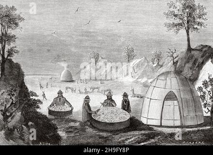 Der lappländische Zauberer sagt die Zukunft mit einer Zaubertrommel voraus. Alte, gravierte Illustration aus dem 19th. Jahrhundert von La Nature 1885 Stockfoto