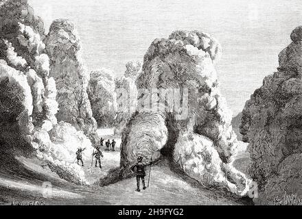 Tannen bedeckt mit Frost und verwandelt sich in Eismassen auf dem Brocken, Sachsen-Anhalt. Deutschland, Europa. Alte, gravierte Illustration aus dem 19th. Jahrhundert von La Nature 1885 Stockfoto