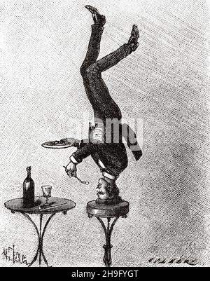 Stärke und Geschick, Jongleur im Gleichgewicht auf dem Kopf im Champs-Elysees-Zirkus, Paris. Frankreich. Alte, gravierte Illustration aus dem 19th. Jahrhundert von La Nature 1885 Stockfoto