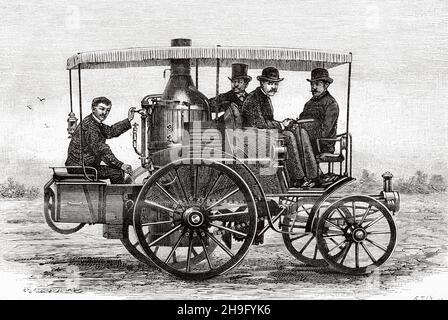 Das dampfphaeton von Dion, Bouton und Trepardoux. Alte, gravierte Illustration aus dem 19th. Jahrhundert von La Nature 1885 Stockfoto