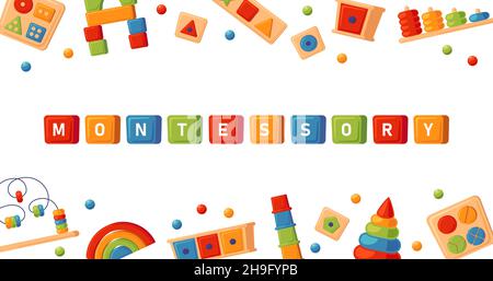 Montessori Bildung Logik Spielzeug. Kinder Holzspielzeug für Kinder im Vorschulalter. Montessori-System für die frühkindliche Entwicklung. Banner mit mehrfarbigen Stock Vektor
