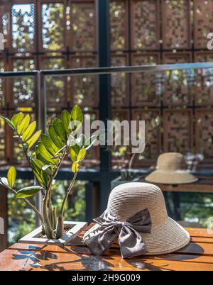 Sommerhut in der Nähe von Sansibar Edelsteinbaum auf einem hölzernen Relaxsessel für den Urlaub Hintergrund. Selektiver Fokus. Stockfoto