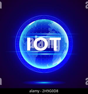 IOT-Text auf Hologramm Planet Erde. Internet der Dinge, Netzwerk physischer Geräte mit Software. Vektorgrafik. Stock Vektor