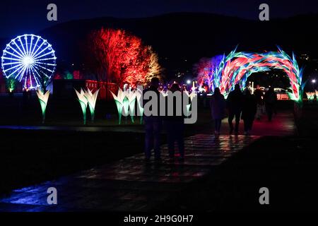 Besucher erkunden den Outdoor Light Trail im Winter Glow, im Three Counties Showground in Malvern, Worcestershire. Bilddatum: Montag, 6. Dezember 2021. Stockfoto