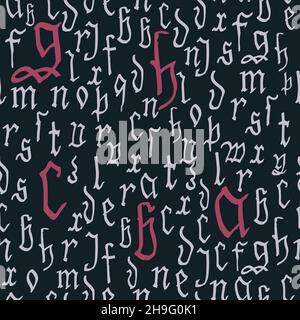 Gothic Alphabet Muster nahtlos, Kalligraphie, Schriftzug. lateinische Buchstaben aus dem europäischen Mittelalter. Vektorhintergrund Stock Vektor