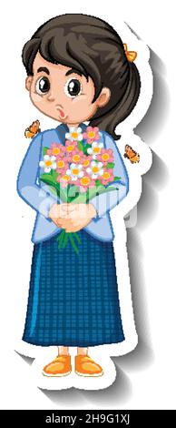Glückliches Mädchen mit einem Blumenstrauß Cartoon Aufkleber Illustration Stock Vektor
