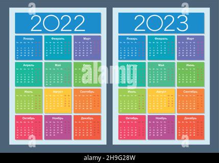 Kalender 2022, 2023. Farbenfrohes Set. Russische Sprache. Die Woche beginnt am Montag. Design-Vorlage für vertikalen Kalender. Isolierte Vektordarstellung. Stock Vektor