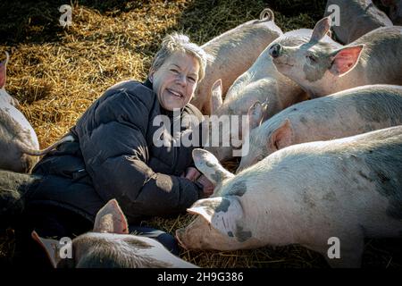 HELEN BROWNING, Chief Executive der Soil Association und Bio-Schweinebauer auf der Eastbrook Farm Bishopstone, Großbritannien Stockfoto