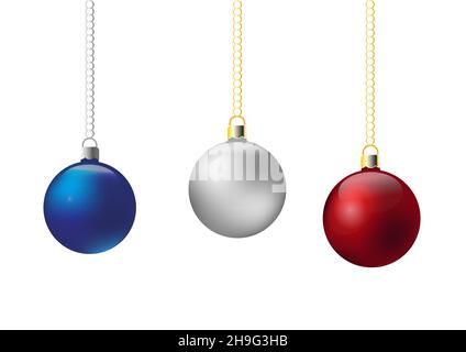 Drei rote, silberne und blaue Weihnachtskugeln. Grafische Ressourcen, Illustrationen. Weihnachtskugeln auf Gold- und Silberketten. Stockfoto