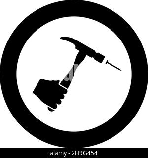 Hammer trifft Nagel in der Hand Klaue halten Fixierung und Reparatur Arbeitswerkzeuge Symbol im Kreis rund schwarz Farbe Vektor Illustration Bild solide Kontur Stock Vektor