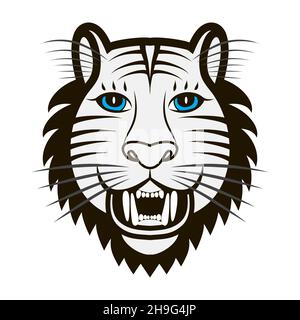 Schwarz-weißer Tiger-Kopf. Schnauze mit blauen Augen und offenem Mund. Große Reißzähne im Mund. Predator blickt geradeaus. Blauwassertiger. Symbol für Chine Stock Vektor