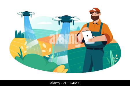 Flachbauer Verwenden Sie Tablet für die Steuerung Quadcopter Drohne, um die Bewässerung von landwirtschaftlichen Feldern zu automatisieren. Intelligente Landwirtschaft und Innovationstechnologie in der Landwirtschaft. Landwirtschaftliche Industrie, Sprühdünger-Konzept. Stock Vektor