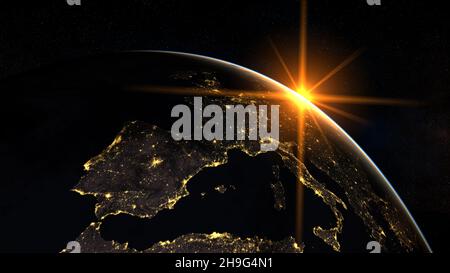 Sonnenaufgang über dem europäischen Kontinent - ein Blick aus dem All Stockfoto