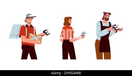 Verkäufer halten bargeldlosen Zahlautomat. Kellner, Kassierer und Kurier mit POS-Terminal mit Scan-QR-Code aus der mobilen App. Kontaktloses System von Pay-Konzept flache Vektor-Illustration. Stock Vektor