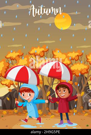 Regen im Herbst mit Kindern tragen Regenmantel und halten Regenschirme Illustration Stock Vektor