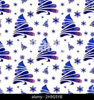 Aquarell-Malmuster von Silhouetten von Fliedertannen und Schneeflocken. Weihnachtsdruck oder Neujahrsdruck. Für Verpackungsdesign, Druck auf f Stockfoto