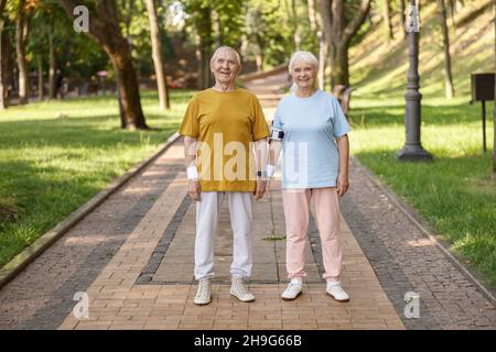 Das nette ältere Familienpaar hält die Hände im grünen Park Stockfoto