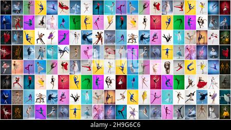 Collage aus Porträts weiblicher und männlicher Balletttänzer, die isoliert auf einem bunten Hintergrund in Neonlicht tanzen. Stockfoto