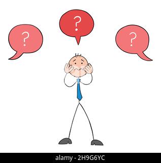 Links und rechts auch Fragen Marken, Probleme, Probleme und stickman Geschäftsmann ist in Schock. Handgezeichnete Skizze Cartoon Vektor Illustration. Stock Vektor