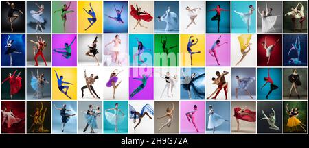 Collage aus Porträts weiblicher und männlicher Balletttänzer, die isoliert auf einem bunten Hintergrund in Neonlicht tanzen. Stockfoto