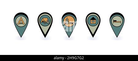 Satz von Vektorstiften mit Positionssymbolen. Farbige Zeiger für Routenmarkierungen. Für Anwendungen, Video, Drucken. Ruheplatz, Bett, Hotel, Haus, Hotel Stock Vektor