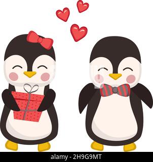 Niedliche Pinguine in der Liebe in kindlichem Stil mit rotem Herz und Geschenkbox. Festliche lustige Tiere, valentinstag Dekoration. Vektorgrafik flach Stock Vektor