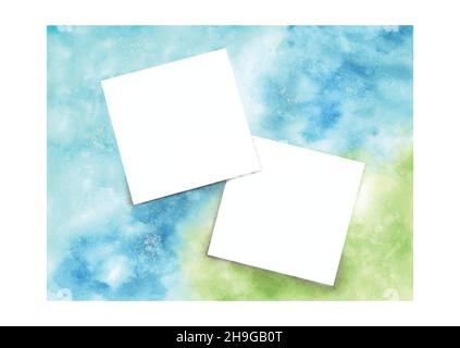 Abstrakter Hintergrund mit quadratischem Rahmen auf blauen und grünen Aquarellflecken. Karten-Design mit Textur Aquarell handbemalt. Stock Vektor