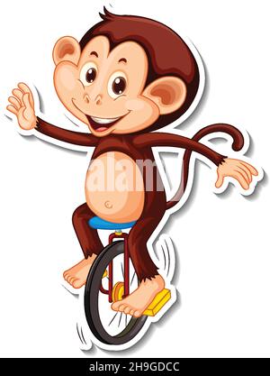 Monkey Rides Einrad Cartoon Charakter Aufkleber Illustration Stock Vektor