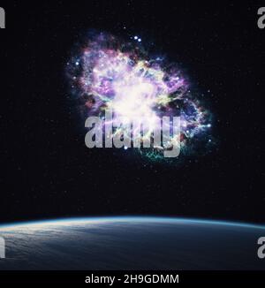 3D Darstellung des blauen Planeten mit Nebel auf dem Hintergrund. Elemente dieses Bildes, die von der NASA eingerichtet wurden. Stockfoto