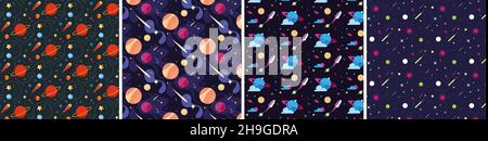 Satz von nahtlosen Mustern für den Raum. Texturen mit kosmischen Objekten im flachen Stil. Stock Vektor