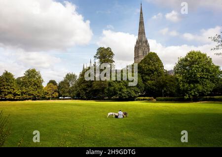 Blick auf den Turm und den Turm der Kathedrale von Salisbury Wiltshire England Stockfoto