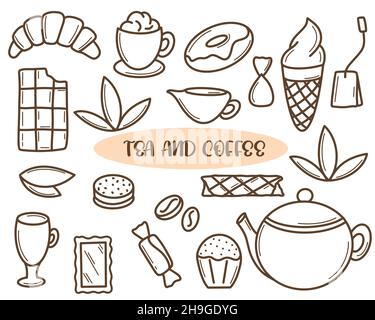 Kaffee und Tee Doodle Set isoliert Vektor-Illustration Stock Vektor