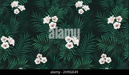 Tropisches exotisches nahtloses Muster mit weißen Blüten in tropischen Blättern. Handgezeichnete Abbildung 3D. Gut für Designtapeten, Stoffdruck, Wrapp Stockfoto