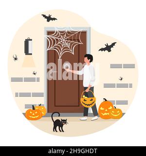Vektor-Illustration Happy Halloween. Junge in festlicher Kleidung zu Halloween. Männliches Kind, das im Gericht vor der Tür Hausdekoration steht Stock Vektor
