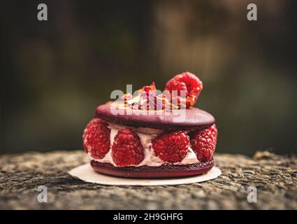 Ispahan-Makkaronkuchen mit Rose, Litschi und Himbeeren Stockfoto