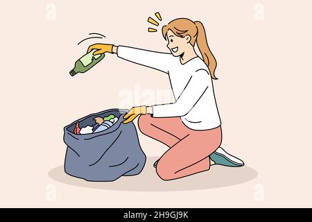 Konzept für Ökologie und Umweltschutz. Lächelndes Mädchen sitzt und Abholung Müllabfuhr in Handschuhen unter Berücksichtigung der ökologischen Situation Vektor Illustration Tasche Stock Vektor