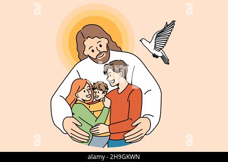 Christentum und religiöse Bildung Konzept. Freundliche lächelnde Jesus in weißer Kleidung stehen und umarmen glückliche Familie mit Kind kümmert sich Vektor-Illustration Stock Vektor