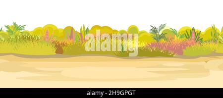 Sangy Straße durch Wiese. Herbstwiese. Nahaufnahme des Grases. Ländliche Landschaft. Ungeschnittener Rasen. Trail. Cartoon-Stil. Flaches Design. Nahtlose Illustration Stock Vektor
