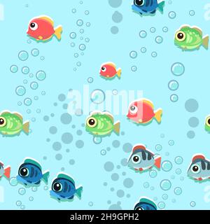 Lustige lustige Fische. Den Boden des Behälters. Meer. Blasen. Unterwasserlandschaft mit Pflanzen, Algen und Korallen. Nahtlos. Abbildung in Stock Vektor