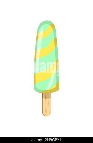 Gestreiftes grünes Eis. Sommer Essen süßes Dessert. Flaches Design. Objekt ist auf weißem Hintergrund isoliert. Popsicle auf einem Stock. Illustrationsvektor. Stock Vektor