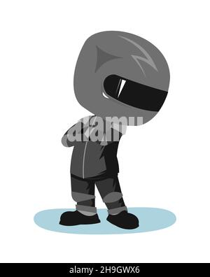 Motorradfahrer in einer schwarzen Jacke und Helm. Biker-Uniform. Schaut zurück. Cartoon-Stil. Witziger Charakter. Flaches Design. Isoliert auf weißem Hintergrund Stock Vektor