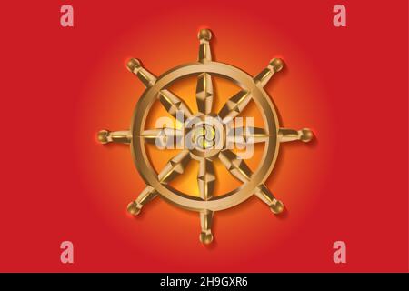 Goldenes Dharma-Rad. Das heilige Symbol des Buddhismus. Dharmachakra. Vektorgrafik isoliert auf farbigem Hintergrund Stock Vektor